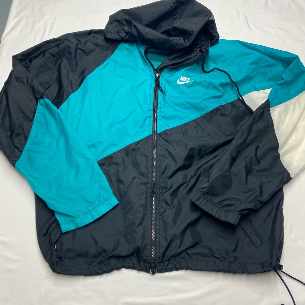 Vintage Nike Windbreaker Jacket Large Black Teal Colorblock Hooded 90s